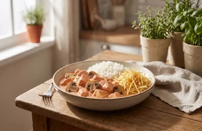 Strogonoff de frango cremoso com champignon, servido com arroz branco e batata palha crocante.