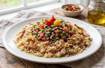 Arroz com Carne Seca e Vinagrete de Feijão Fradinho